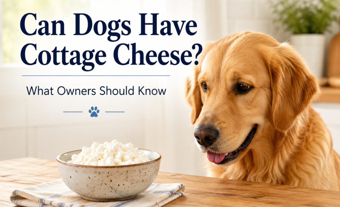 Golden retriever looking at a bowl of cottage cheese with the title can dogs have cottage cheese