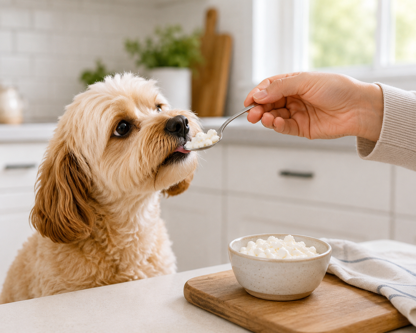 Dog being fed a small spoonful of plain cottage cheese in a kitchen