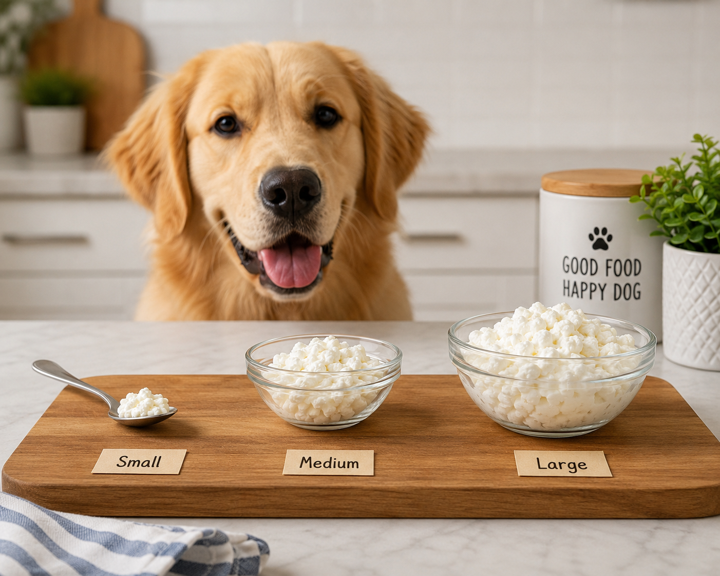 Small medium and large cottage cheese portions shown for safe dog feeding