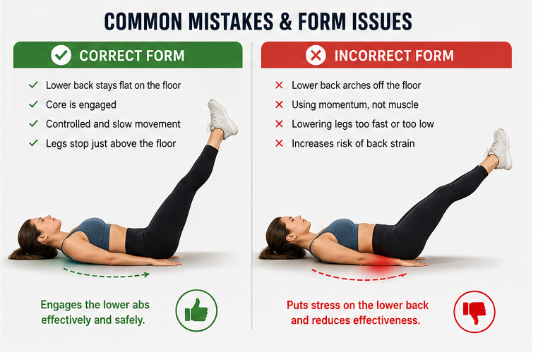 Correct vs incorrect lying leg raises form showing common mistakes to avoid