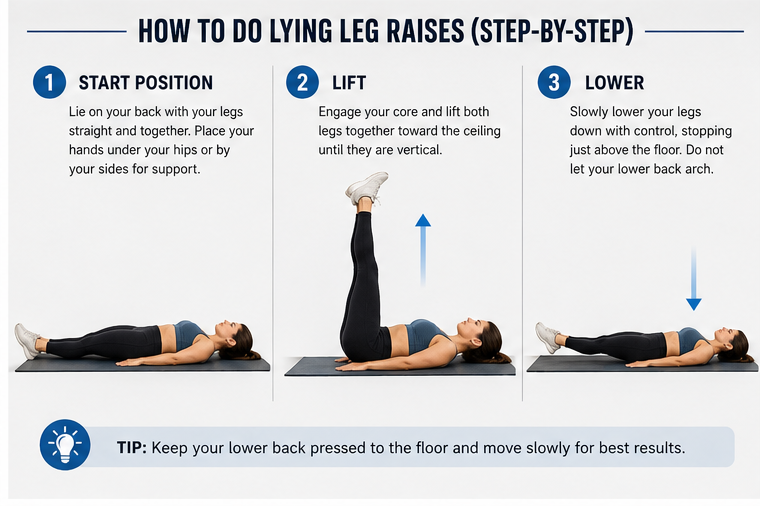 Step-by-step guide showing how to do lying leg raises correctly