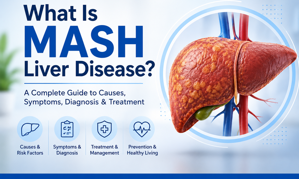 Illustration of MASH liver disease with liver inflammation and fatty buildup